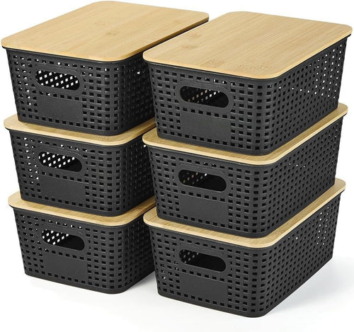 6 pcs Storage Bins with Bamboo Lids - Plastic Storage Containers with Lids Stackable Storage Box Baskets for Organizing Shelves Drawers Desktop Closet Office