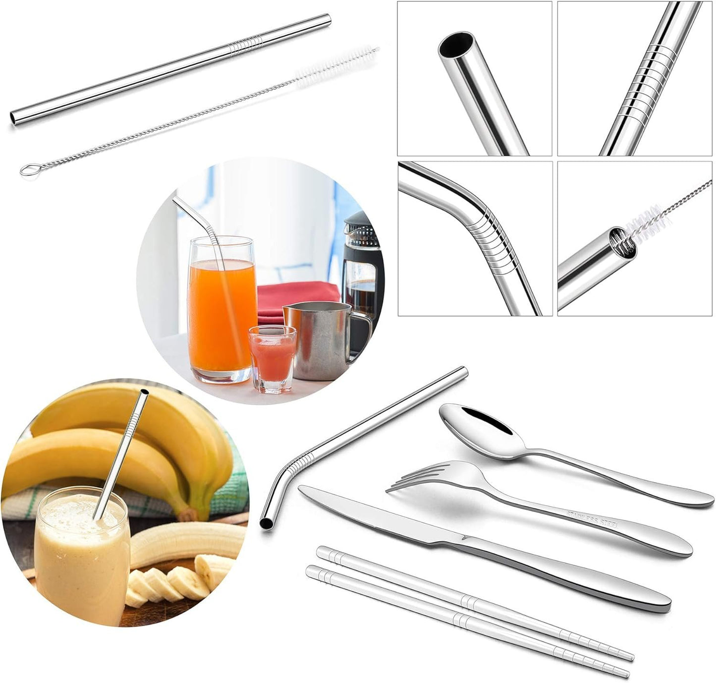 LIANYU 9-Piece Travel Utensils Silverware Set, Stainless Steel Knife Fork Spoon, Chopsticks, Metal Straws, Cleaning Brush, Wheat Case and Bag