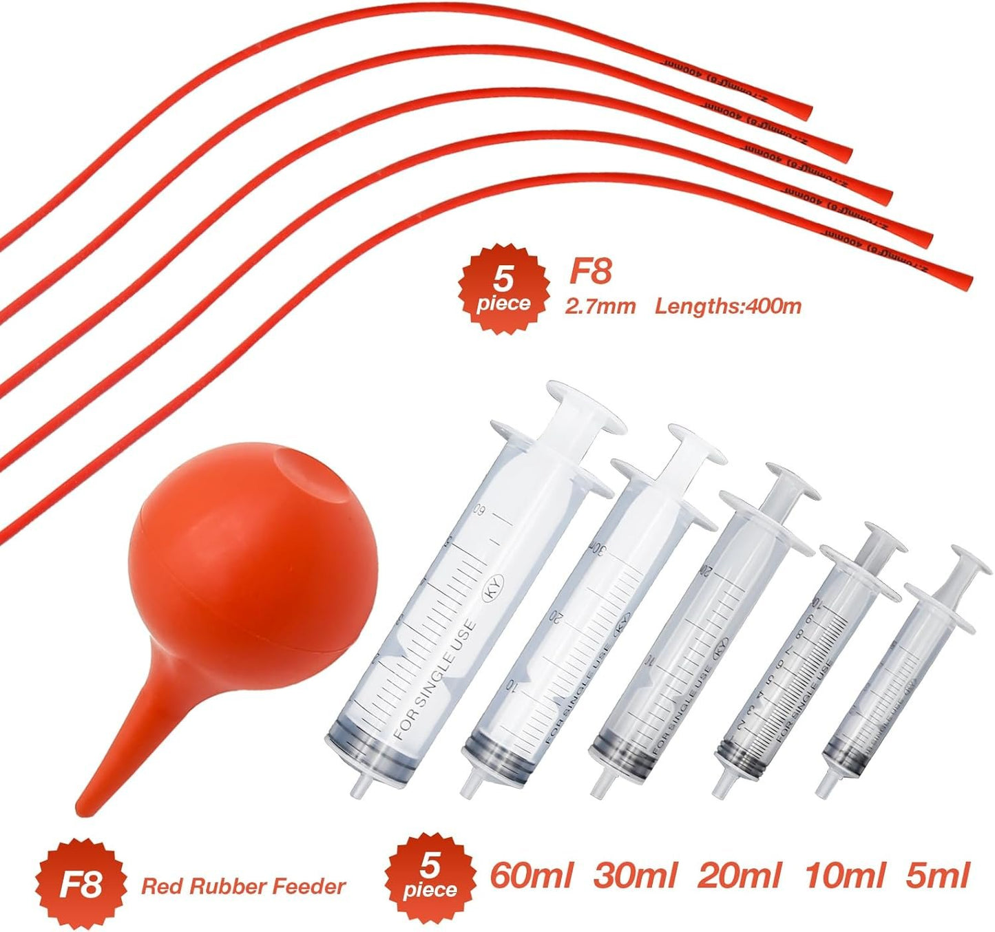 MDEOOSKY 10 Pack Tube Feeding Kit, Includes 5 Pack 8 FR Red Feeding Tubes & 5 Pack 5/10/20/30/60 ML Syringes & 1 Bulb Syringe for Lamb Goat Puppy Whelping Kitten Measuring Watering