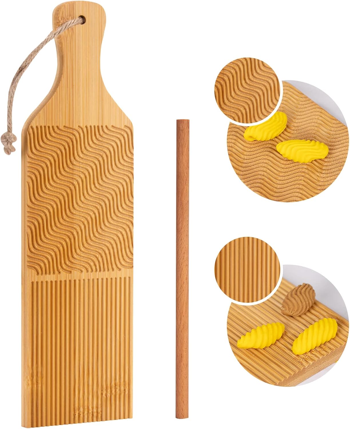 Gnocchi Board Hand Crafted Gnocchi Paddle with Garganelli Stick Maveite Cavatelli Pasta Maker Pasta Board Gnocchi Ridges Roller Natural Bamboo Kitchen Gadgets Tools