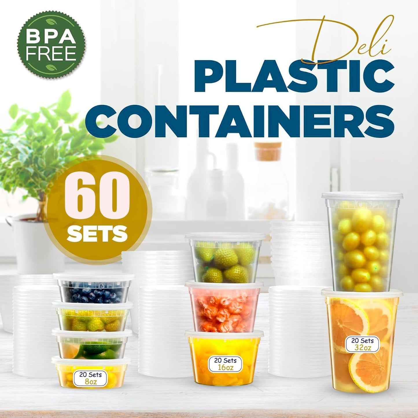 60 Pack Deli Containers with Lids, [8/16/32oz, each 20sets]Plastic Food Storage Containers Premium Plastic BPA-Free, Freezer Storage, Meal Prep Containers, Microwaveable & Dishwasher Safe