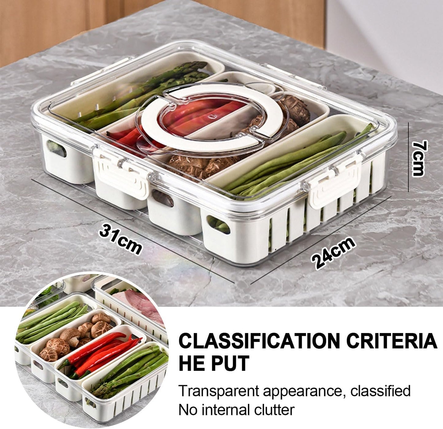 Divided Serving Tray with Lid and Handle, Storage Containers for Fridge, Snack Platters Organizer, Fruit Plate, Fresh -keeping Box Is Suitable for Fruits, Vegetables, Refrigerators, Picnics (4 grid)