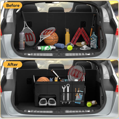 CLESOO Car Trunk Organizer Basket with Lid - Collapsible Multi Compartment Vehicle Organizer - Multiple Pockets, Multi-purpose Travel Accessory - Anti-slip Leak-proof Fits any Car, SUV, Minivan