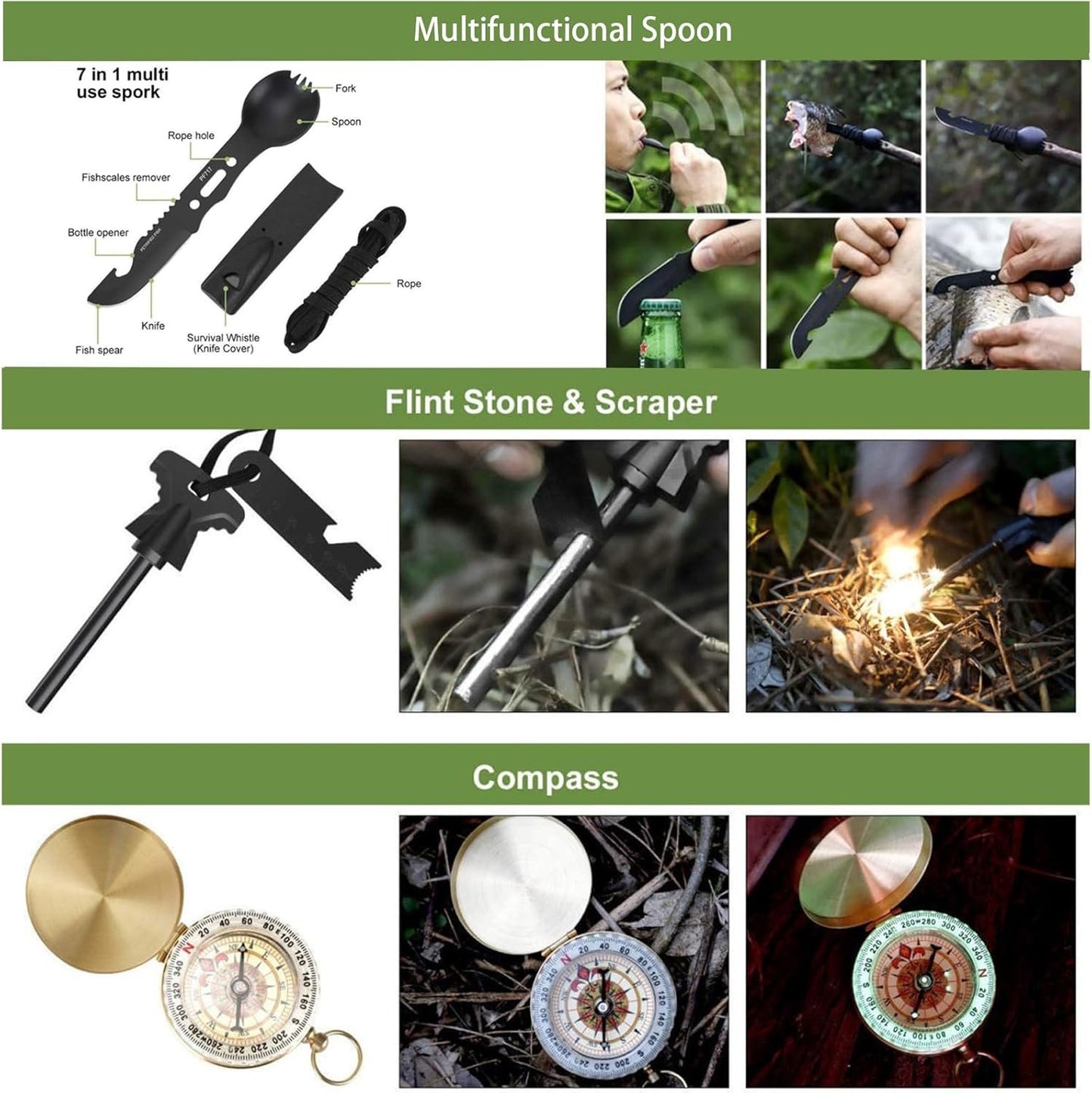 YELINTIAN 16 in 1 Survival Kit, Multi-Purpose Emergency Survival Kit,Multi-Tools Survival Gear and Equipment with Molle Pouch, Gifts for Dad Men Camping Hiking Outdoor Emergency