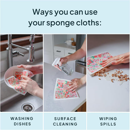 Pink Swedish Sponge Dishcloth Pack of 6 - Reusable, Washable, Odor & Scratch Free, Made with Wood Cellulose & Cotton, Multi-Use for Dishes & Counters, Replaces 17 Rolls of Paper Towel