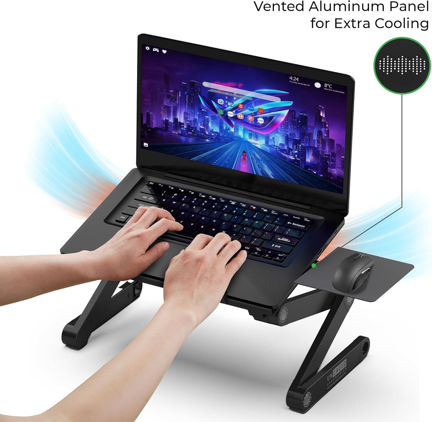 Uncaged Ergonomics WorkEZ Adjustable Laptop Stand for Desk, Laptop Stand Adjustable Height, Foldable Aluminum Cooling Computer Holder & Riser for Desk Bed, Black, XL