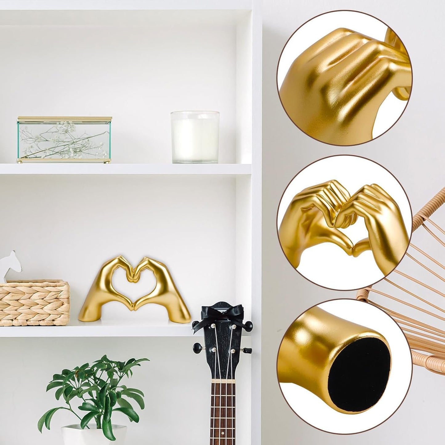 Gold Heart Hands Sculpture Gesture Decoration,Love Finger Sculpture Wedding Decoration, Small Ornament in Coffee Table, Office and Bedroom Home Decoration, Modern Art Aesthetic Sculpture (Gold)