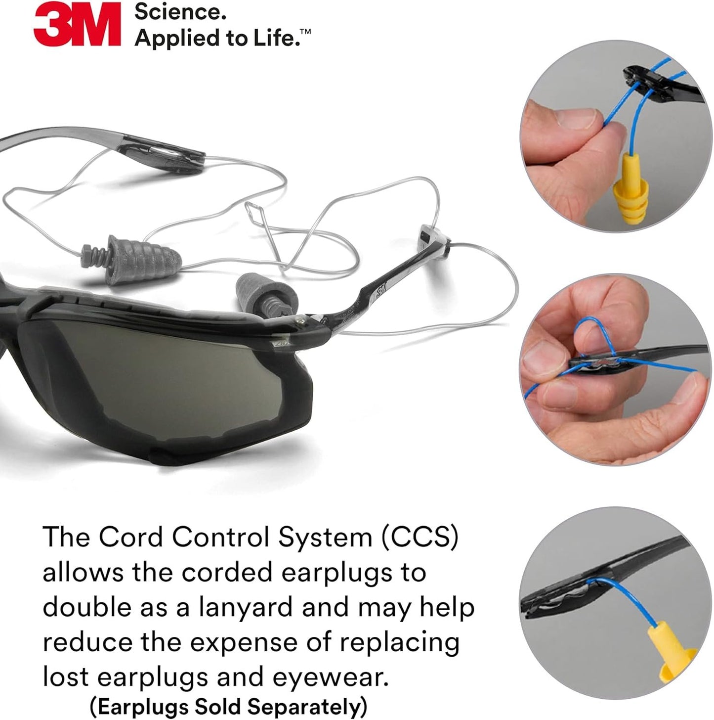 3M Safety Glasses, Virtua CCS, ANSI Z87, Anti-Fog, Gray Lens, Black Frame, Corded Ear Plug Control System, Removable Foam Gasket