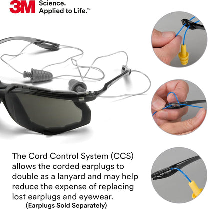 3M Safety Glasses, Virtua CCS, ANSI Z87, Anti-Fog, Gray Lens, Black Frame, Corded Ear Plug Control System, Removable Foam Gasket