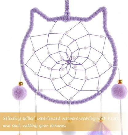 Pretty Jolly Purple Cat Kids Dream Catcher Wall Decor Pompom Feather Baby Dreamcatcher Handmade Children Dream Catcher Home Décor Wall Hanging for Nursery Bedroom Boys Girls Birthday Gift-25.6in