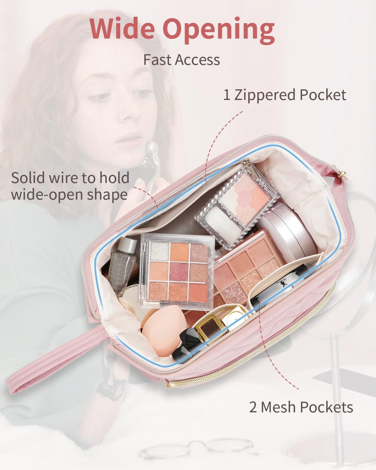 Wandering Nature Makeup Bag,Quilted Make up Bags for Women,Wide-Open Cosmetic Bag, Large Makeup Organizer Case, Travel Pouch for Travel Essentials Toiletries Accessories Brushes, Pink Patent Pending