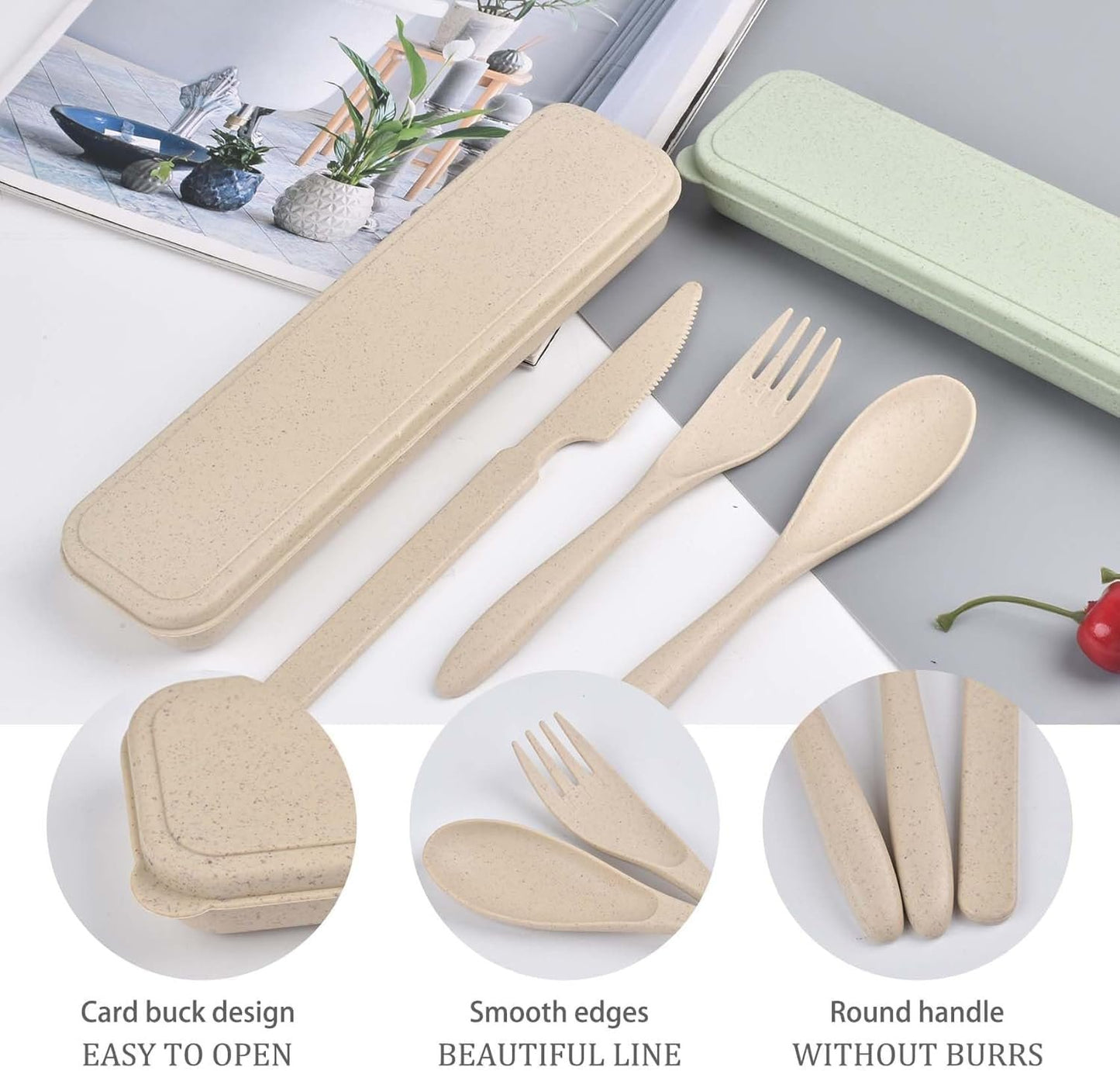 2 Sets Reusable Utensils Set with Case, Portable Camping Fork Knife Spoon Cutlery Set, Wheat Straw Travel Utensils, Tableware for Kids Adults Travel Picnic Camping Utensils (2 Color)