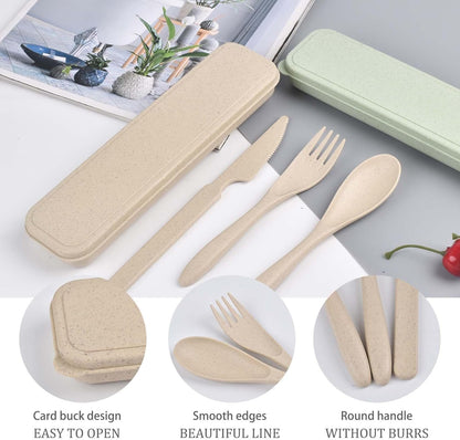 2 Sets Reusable Utensils Set with Case, Portable Camping Fork Knife Spoon Cutlery Set, Wheat Straw Travel Utensils, Tableware for Kids Adults Travel Picnic Camping Utensils (2 Color)
