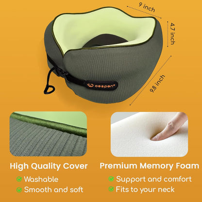 Cesperi® Travel Neck Pillow for Airplanes, Ergonomic Design, Airplane Neck Pillow with Memory Foam, Travel Essentials for Flights, Car Rides, and Home Rest, Adjustable Strap for Sizes (Avocado Green)