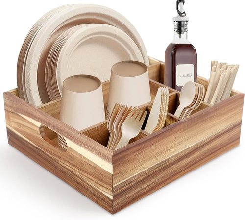 Acacia Wood Utensil Holder with 6 Compartments Wooden Utensil Organizer for Counter, Spoon Plate Cup Holder for Kitchen, Party, Camping