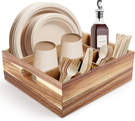Acacia Wood Utensil Holder with 6 Compartments Wooden Utensil Organizer for Counter, Spoon Plate Cup Holder for Kitchen, Party, Camping