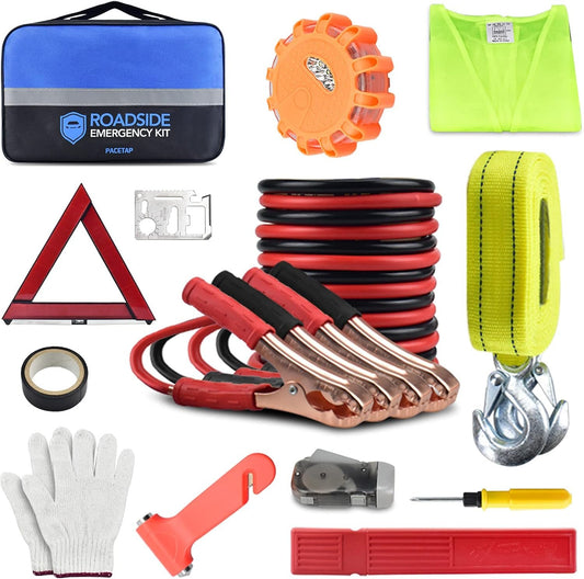PACETAP Car Roadside Emergency Kit, Essential Auto Safety Road Side Assistance Tool Kit with LED Road Flare, Jumper Cables, Towing Rope, Triangle and More Winter Vehicle Accessories