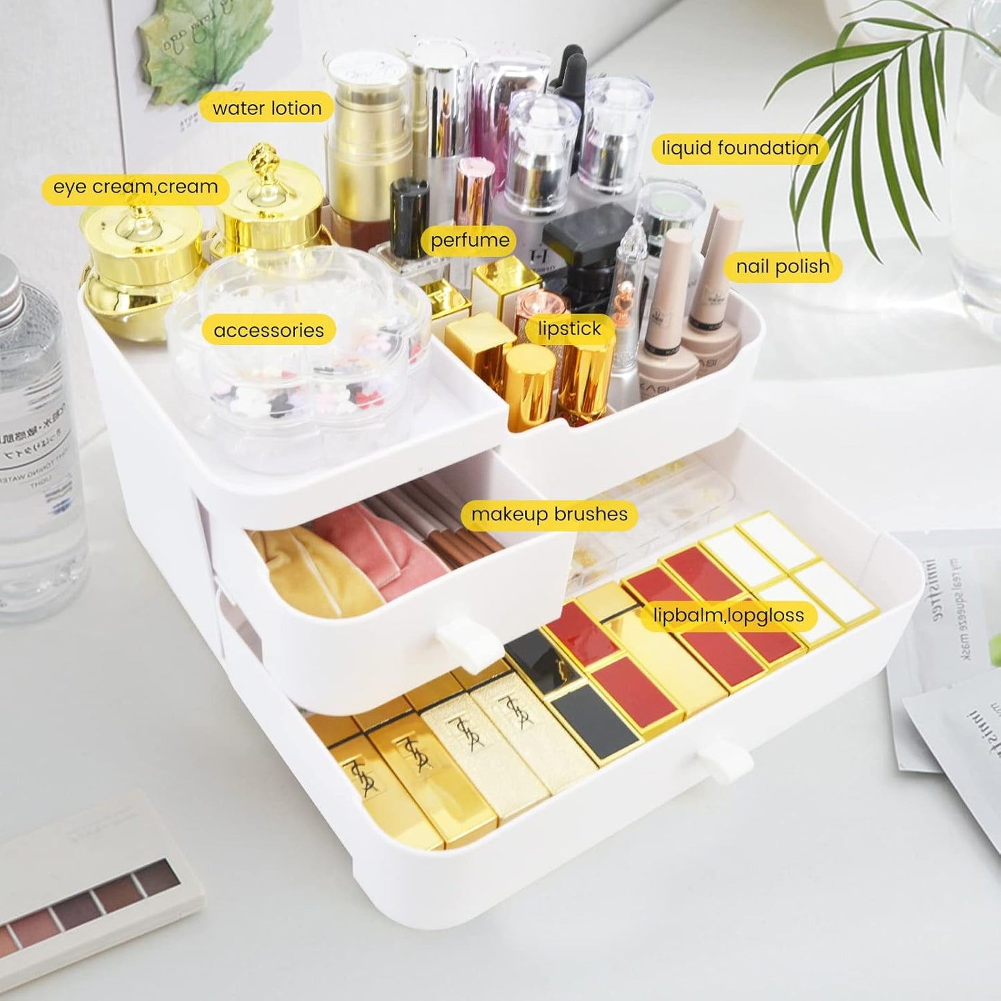 Makeup Organizer Makeup Holder Bathroom Containers for Skincare Makeup with Drawers - Large Plastic Cosmetic Organizers for Creams Brushes Women Accessories, White