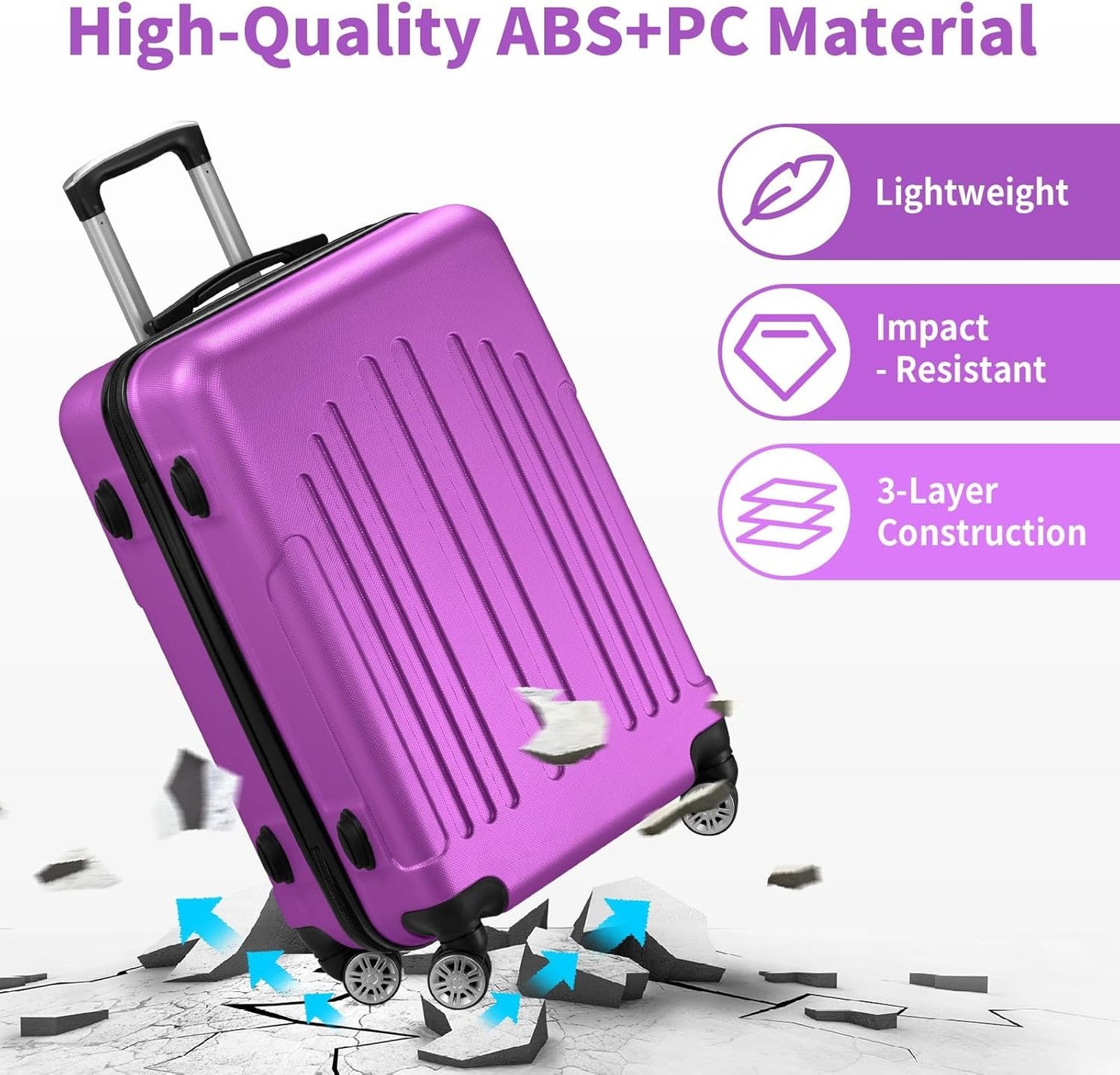 Karl home Luggage Sets 3 Piece, PC+ABS Durable Hardside Suitcase with Double Spinner Wheels TSA Lock, Carry on Luggages for Travel Business - Purple, 20/24/28