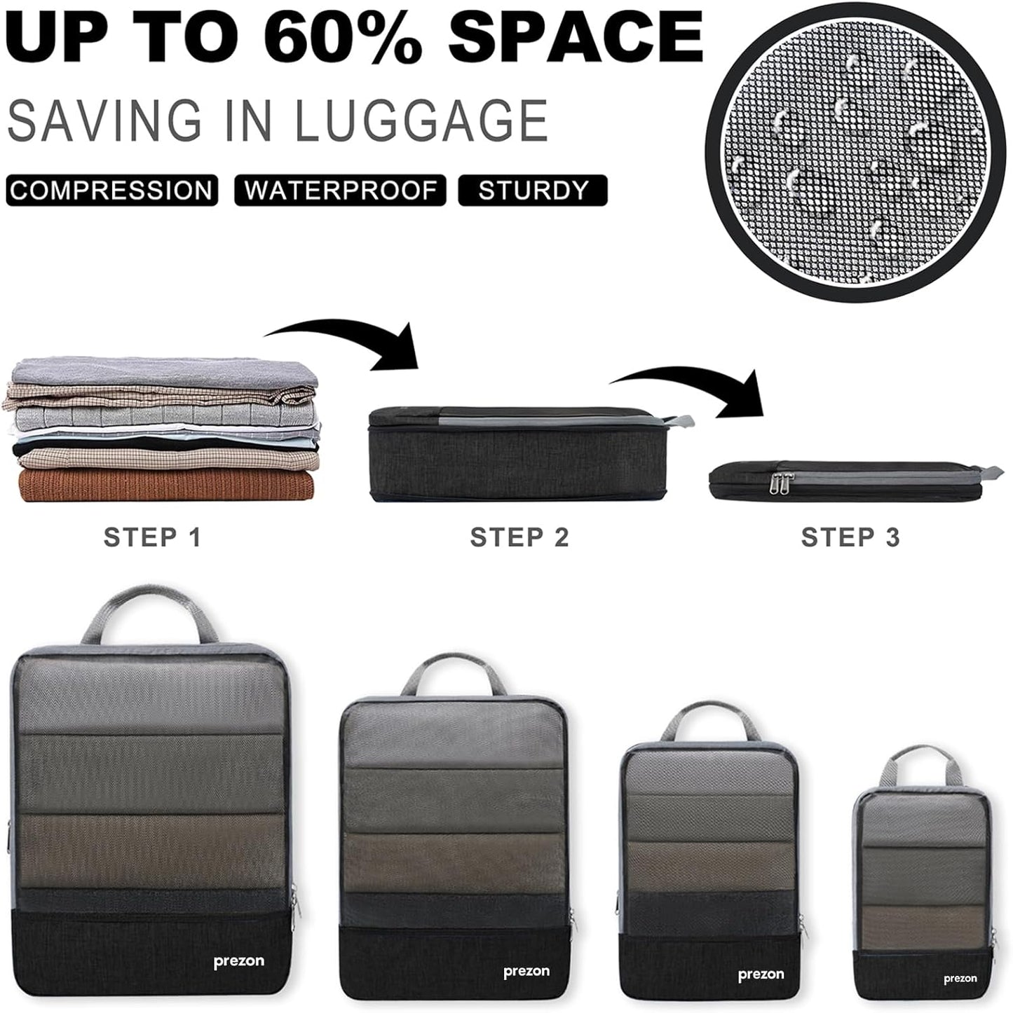 Prezon Compression Packing Cubes with Travel Shoes Bag and Laundry Bag, Luggage Organiser Set, Extensible Suitcase Organiser, Packing Organisers for Suitcases, Travel, Storage(Black, 4 Set)