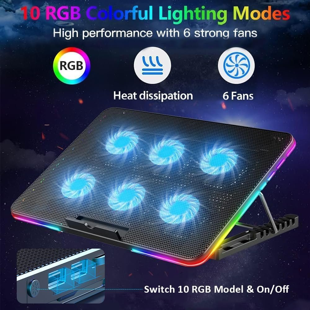 Necomi Laptop Cooling Pad, Laptop Cooler with 6 Quiet Fans for 13-17 Inch Gaming Fan Stable Stand, 7 Height Adjust, RGB Light 10 Modes, Switch Control Fan Speed, 2 USB Port & Phone Holder