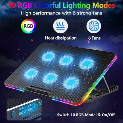 Necomi Laptop Cooling Pad, Laptop Cooler with 6 Quiet Fans for 13-17 Inch Gaming Fan Stable Stand, 7 Height Adjust, RGB Light 10 Modes, Switch Control Fan Speed, 2 USB Port & Phone Holder