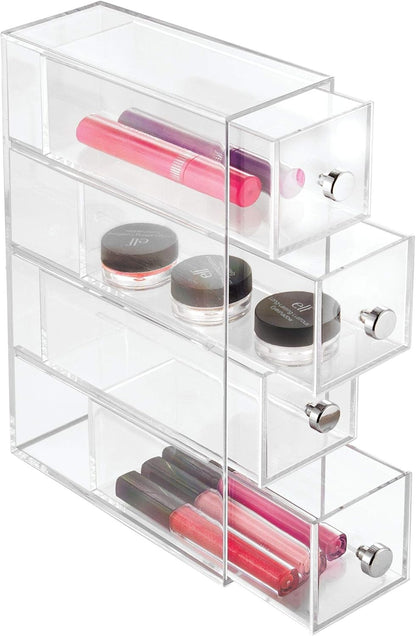 iDesign Makeup Organizer with 4 Drawers, Mini Drawer Makeup Organizer for Make Up, Cosmetics, Jewelry, Makeup Organizer with Plastic Swivel Drawers, Clear