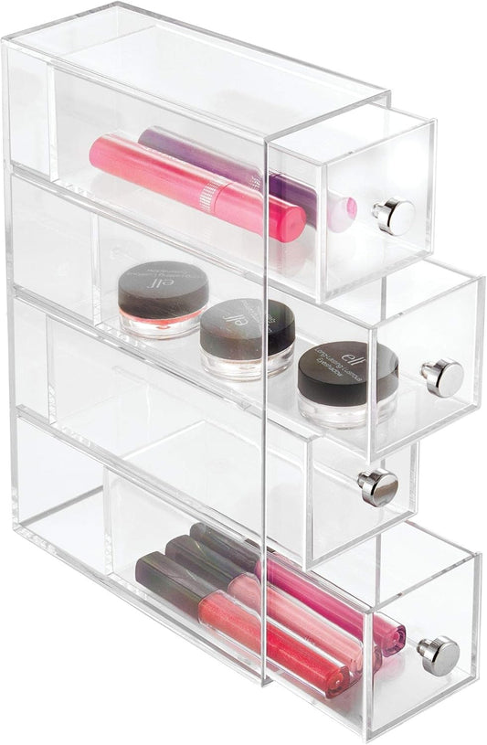 iDesign Makeup Organizer with 4 Drawers, Mini Drawer Makeup Organizer for Make Up, Cosmetics, Jewelry, Makeup Organizer with Plastic Swivel Drawers, Clear