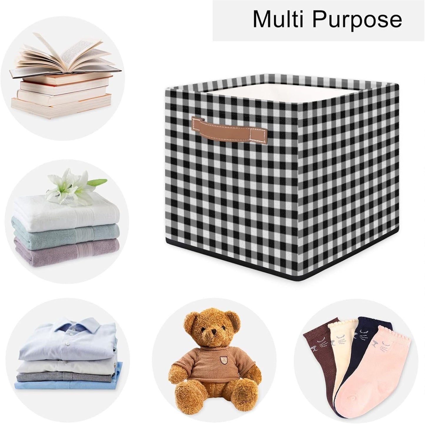 Cube Storage Bin Classic Plaid Check Pattern Large Cube Storage Basket 13×13In, Collapsible Storage Bin With Handles, Fabric Storage Box For Closet Shelves Nursery Toys Home Organization