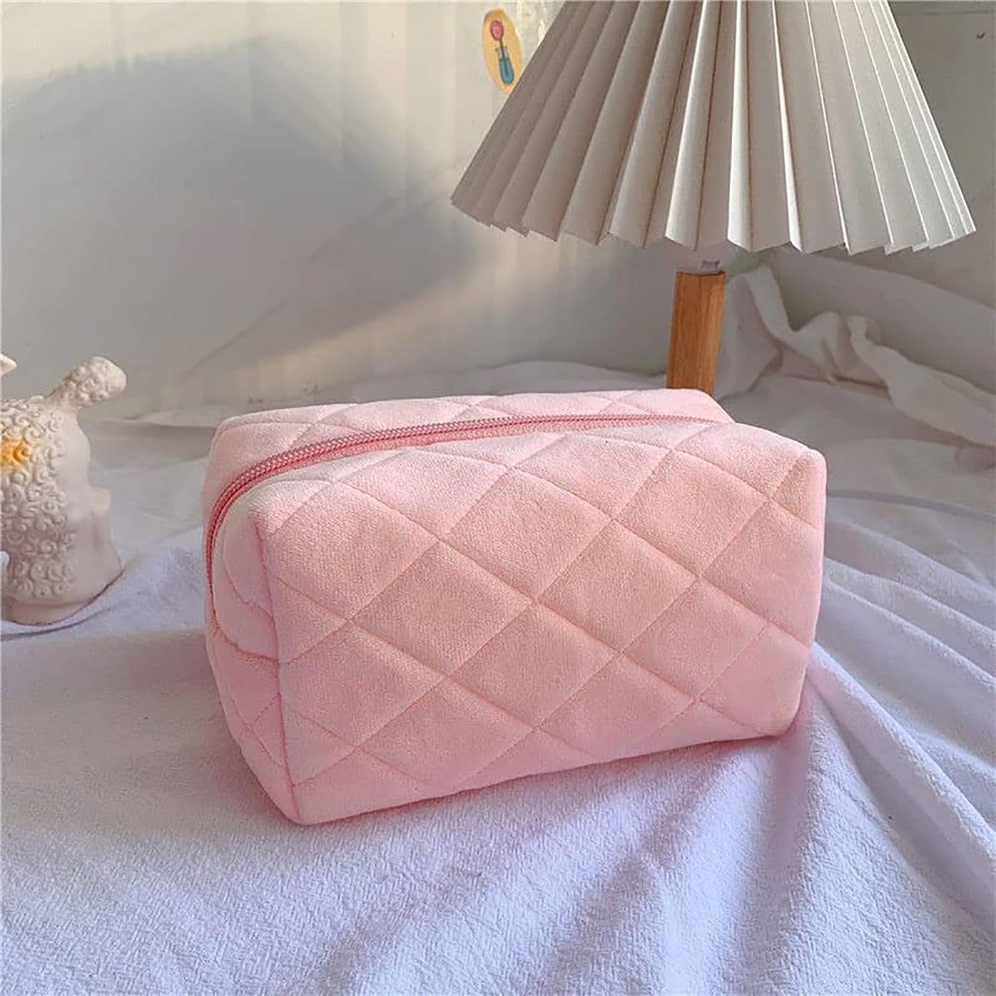 Plush Makeup Bag Cosmetic Bag for Women,Zipper Large Solid Color Travel Toiletry Bag Travel Make Up Toiletry Bag Pouch for Girls Student (Pink)