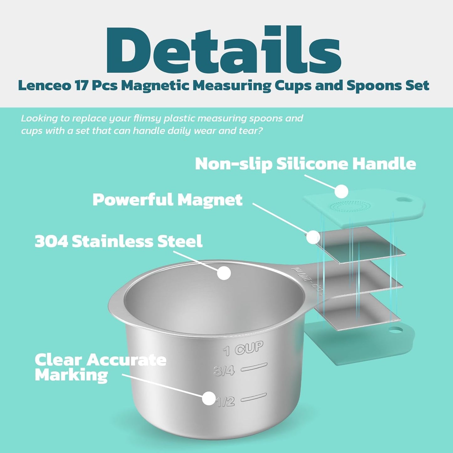 Magnetic Measuring Cups and Spoons Set of 17 - Stackable Stainless Steel Magnetic Measuring Spoons Set with Leveler - Dual Marking Scale Measuring Cup for Dry and Liquid Ingredients - Baking & Cooking