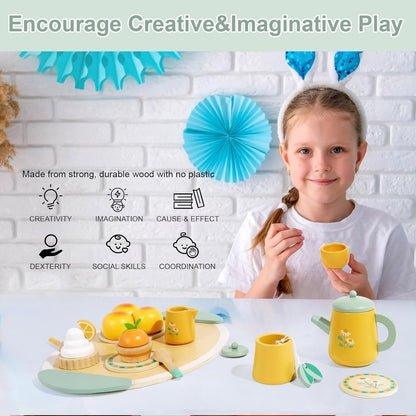 Usndhome Tea Sets for Toddlers 3-5 Girl Birthday Gift 2 Year Old Princess Party Wooden Play Food Toy Sets for Kids Kitchen Accessories Age 3-5 Wood Educational Toys