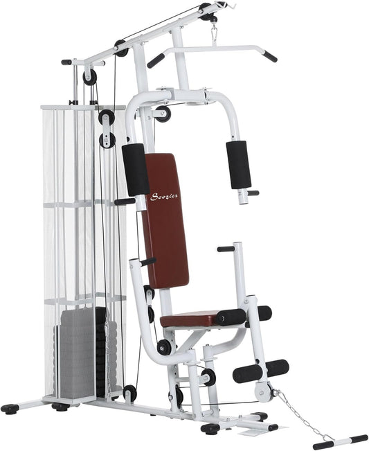 Soozier Home Gym, Multifunction Gym Equipment Workout Station with 100Lbs Weight Stack for LAT Pulldown, Leg Extensions, Preacher Bicep Curls, Triceps Pulldowns, Chest Press