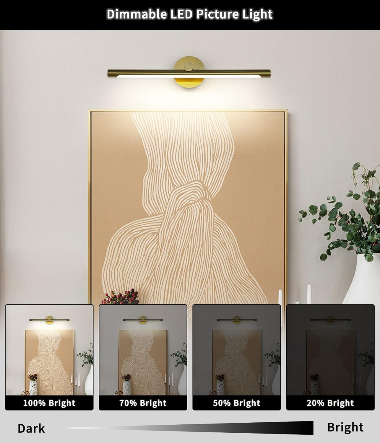 JUSHENG LED Picture Light for Paintings Gold Hard-Wired Connection Gallery Lighting Fixtures Dimmable Modern LED Picture Lights Artwork Display Lighting 24.21'' Inch 12W 3000K Warm White