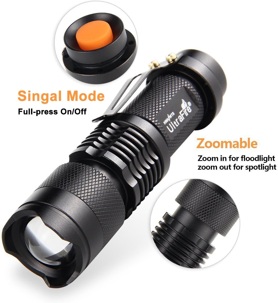 3 Pack UltraFire Mini Flashlights Focus Adjustable SK68 Single Mode Tactical LED Flashlight, Ultra Bright 300 Lumens Torch
