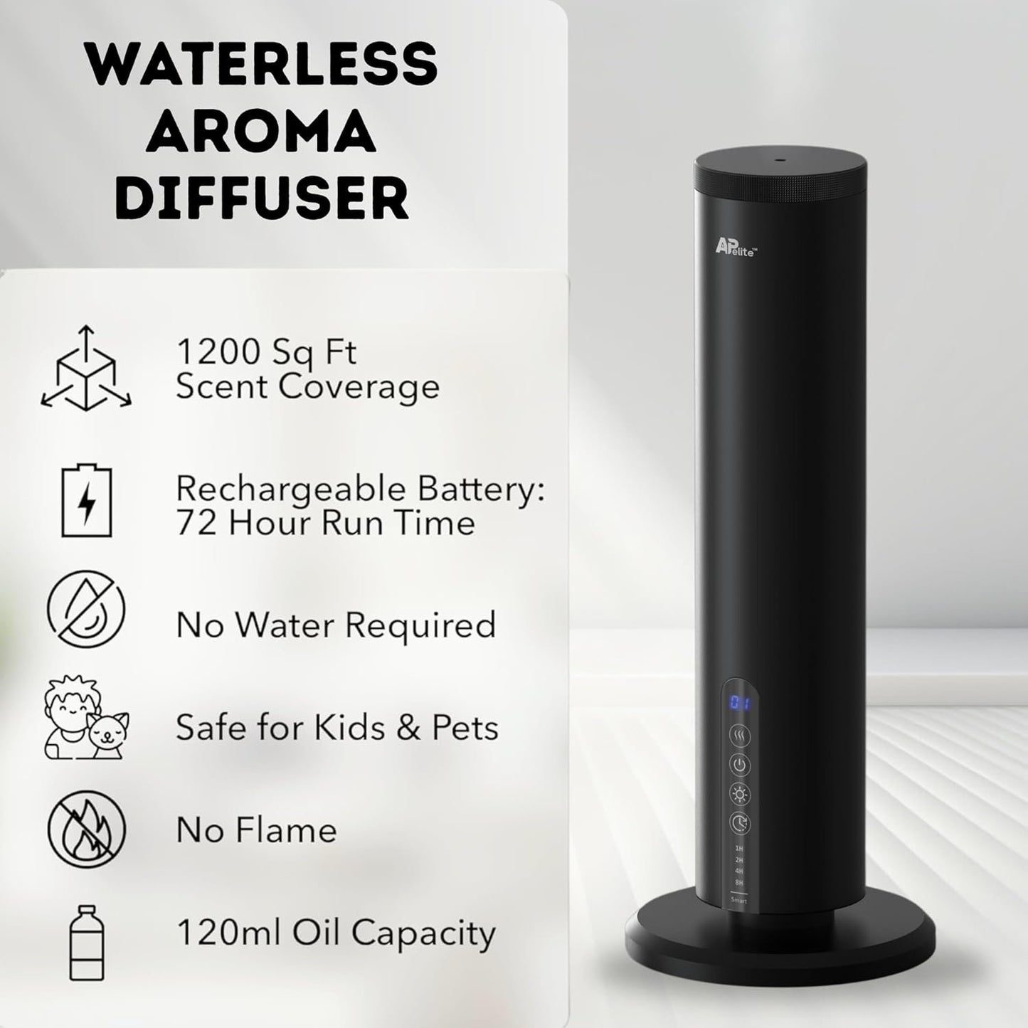 Apelite Aroma Diffuser, Waterless Essential Oil Diffuser,120ml, Bluetooth Touch Control, Aluminium, Tabletop Essential Oil Diffuser, Twin Fluid Nebulization, 160h per Refill, for Home, Office