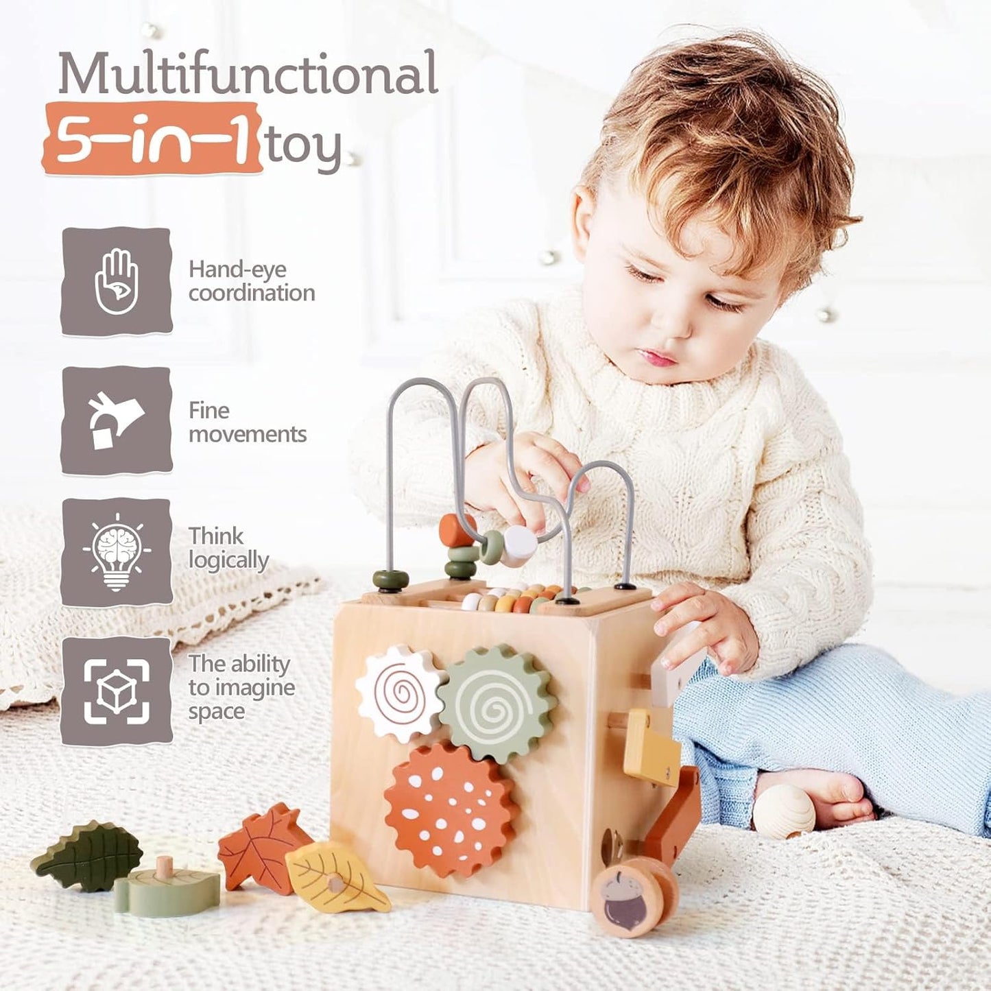 IEATFO 5 in 1 Wooden Activity Cube Play Center Bead Maze Leaves Shape Sorter Learning Montessori Toys for Toddlers 1-3 Early Educational Developmental Learning Toys for Kids