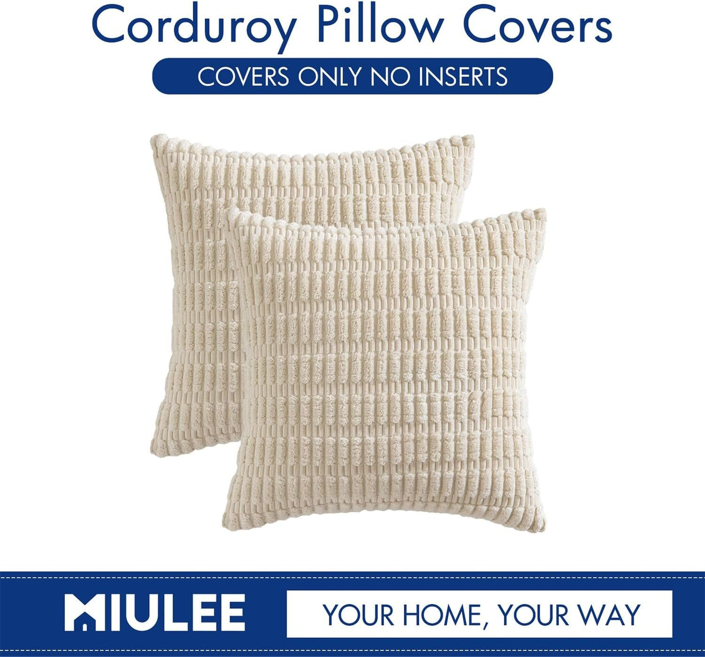 MIULEE Pack of 2 Corduroy Throw Pillow Covers Soft Decorative Boho Striped Cushion Covers Farmhouse Home Decor Pillowcase for Spring Sofa Living Room Couch Bed 18x18 Inch Cream White