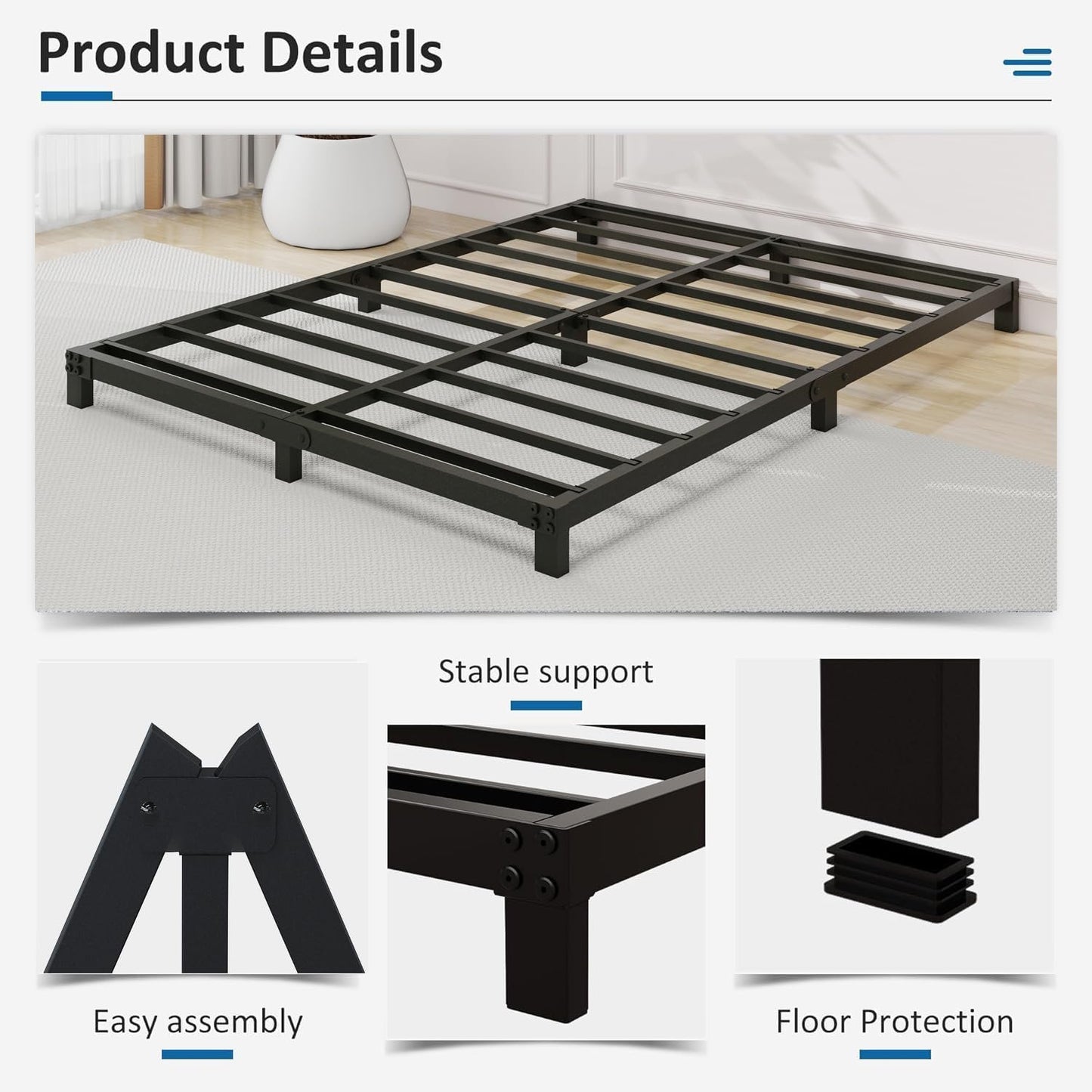 5 inch Bed Frame Queen Size Low Profile Easy Assembly Mattress Foundation Bed Frame Noise Free, Black, Metal (Queen (U.S. Standard))
