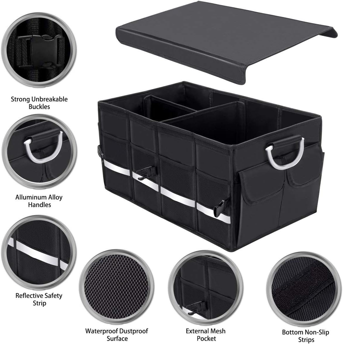 Autoark Multipurpose Car SUV Trunk Organizer with Cover and Straps,Durable Collapsible Adjustable Compartments Cargo Storage,AK-132