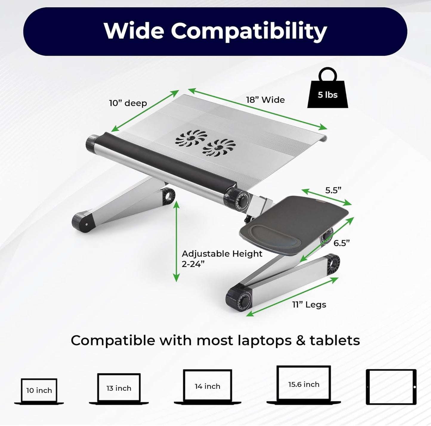 WorkEZ Cooling Adjustable Laptop Stand for Desk w/Fan USB Ports Mouse Pad Ergonomic Foldable Laptop Stand Portable Computer Stand Laptop Riser, Silver