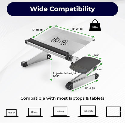 WorkEZ Cooling Adjustable Laptop Stand for Desk w/Fan USB Ports Mouse Pad Ergonomic Foldable Laptop Stand Portable Computer Stand Laptop Riser, Silver