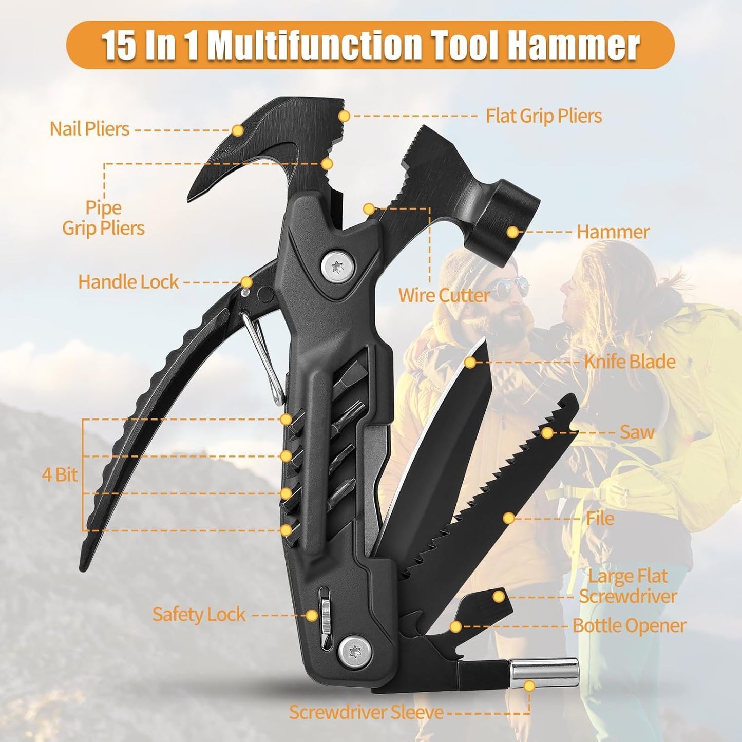 Father's Day Gift for Men,Multitool Hammer 15 in 1 Camping Accessories Survival Gear,Christmas Stocking Stuffers Unique Brithday Gift Ideas