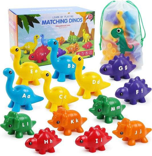 Peeokuo Matching Letters Fine Motor Toy, Double-Sided ABC Dinosaur Alphabet Match Game with Uppercase Lowercase, Preschool Educational Montessori Learning Toys for Toddlers