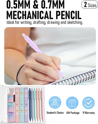 Nicpro 6PCS Pastel Cute Mechanical Pencil Set, Mechanical Pencils 0.5 & 0.7 mm with 6 Tubes HB Pencil Leads, 3PCS Erasers and 9PCS Eraser Refills, Aesthetic School Supplies Stuff for Girls Writing