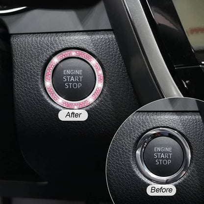 Car Bling Crystal Rhinestone Engine Start Ring Decals, 2 Pack Car Push Start Button Cover/Sticker, Key Ignition Knob Bling Ring, Sparkling Car Interior Accessories for Women (Pink1)