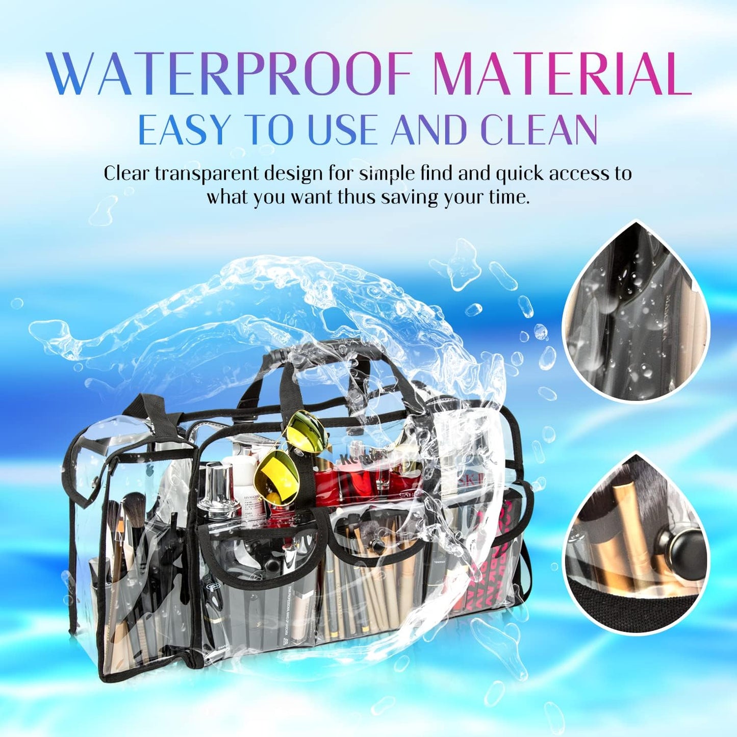 Kemier Transparent Travel Beauty Case with 6 External Pockets Large Cosmetic Organizer with Shoulder Strap