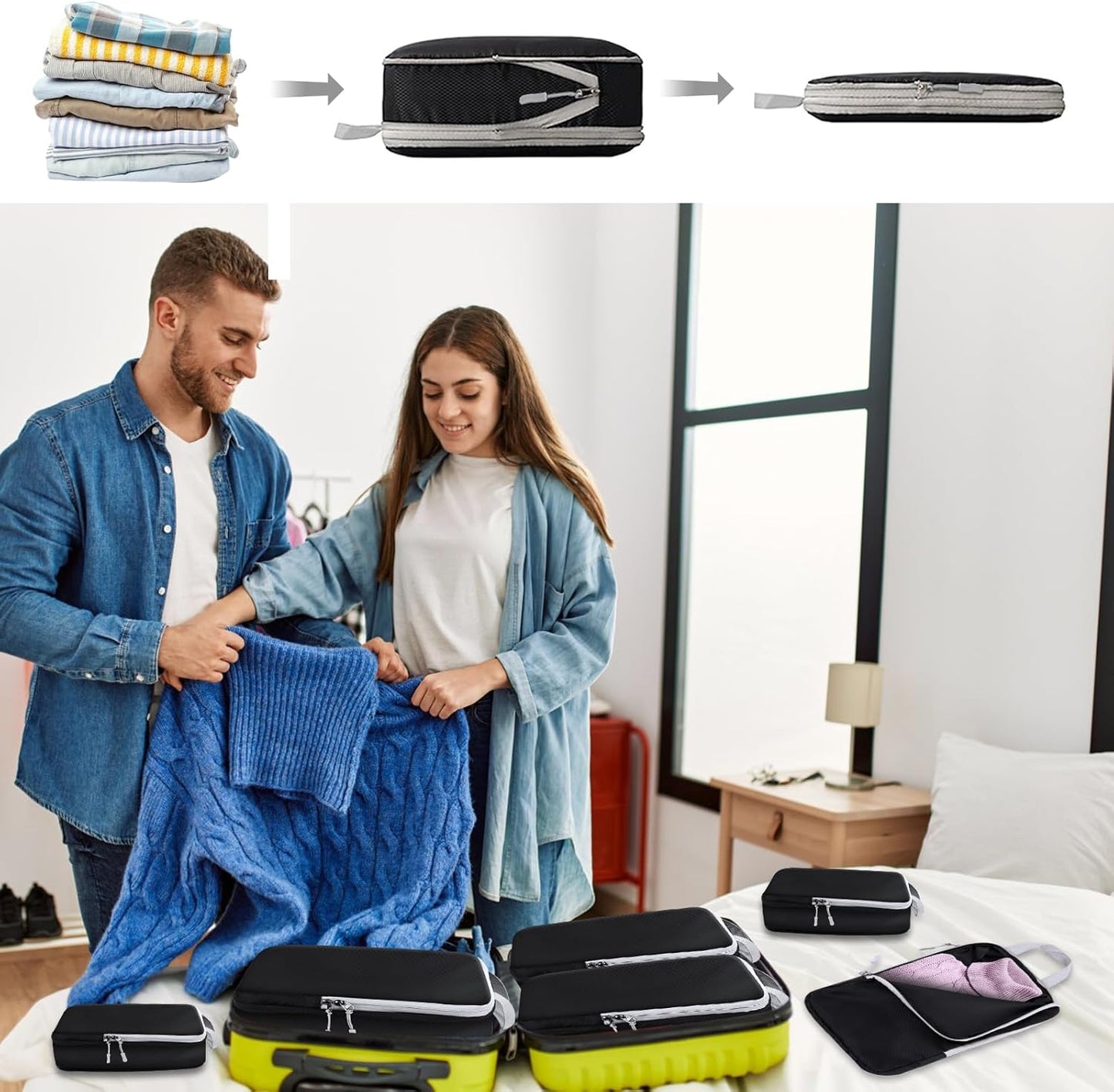 VMUTGA Suitcase Organizer, Compression Packing Cubes, Expandable Space-Saving Suitcase Organizer for Backpacks or Hand Luggage, 4 Pieces Black