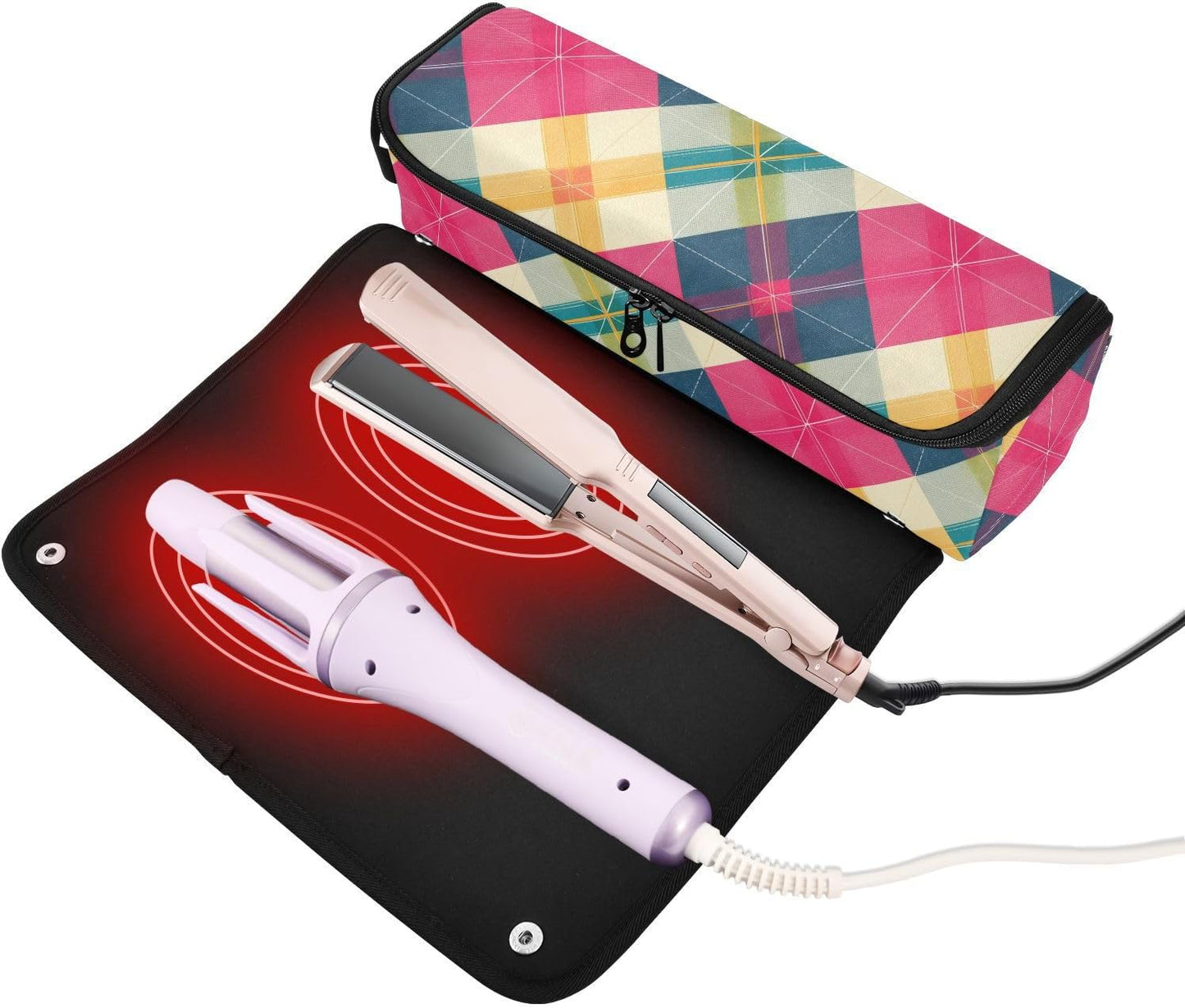 Plum Scacchiere Strumenti per capelli Borsa da viaggio con tappetino in ferro Custodia da viaggio portatile per utensili caldi e accessori per la cura dei capelli Organizzatore di accessori per