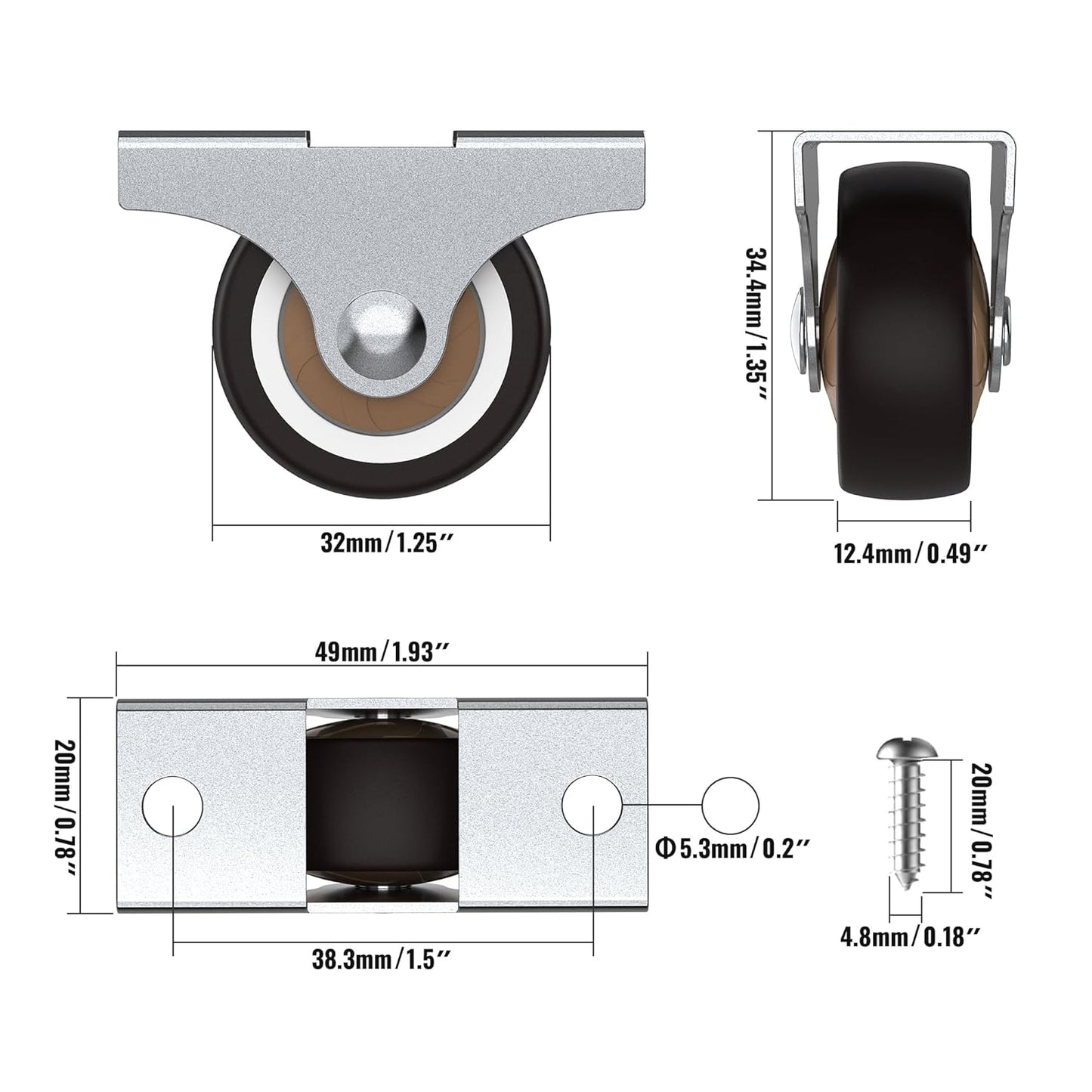 HOLKIE Set of 4 Small 32mm Fixed Furniture Casters, Non Rotating, Rubber Wheels for Silent Furniture, Casters Ideal for Vintage Wooden Crates, Total Capacity of 45 kg